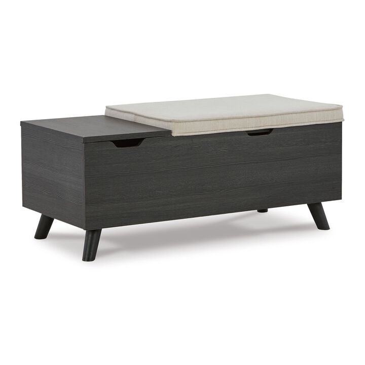 Yasmin Storage Bench, Black Gray Wood, Beige Polyester, Foam, 39 Inch - Benzara