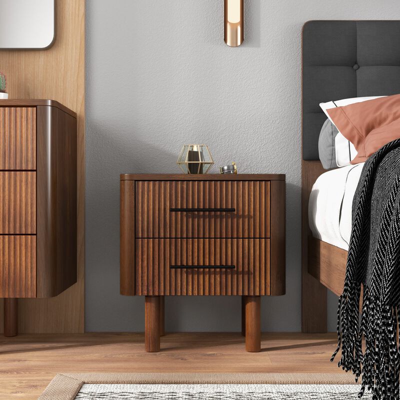Assembled Mid Century Walnut Nightstand 2-Drawer Solid Wood Bedside image number 1