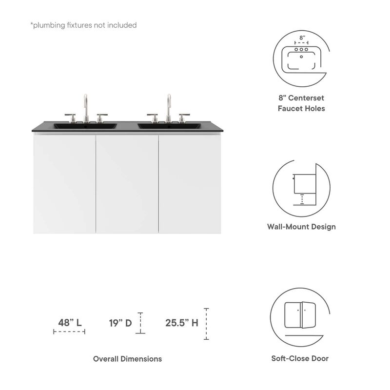 Modway Bryn 48" Wall-Mount Double Sink Bathroom Vanity in White/Black image number 6