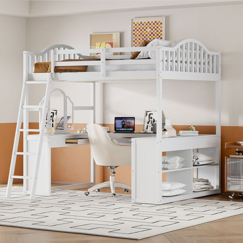 Merax Loft Bed with U-shaped Desk and Tri-fold Mirror