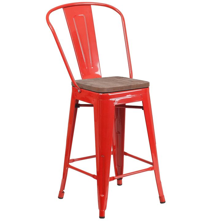 Flash Furniture Lily 24" High Red Metal Counter Height Stool with Back and Wood Seat