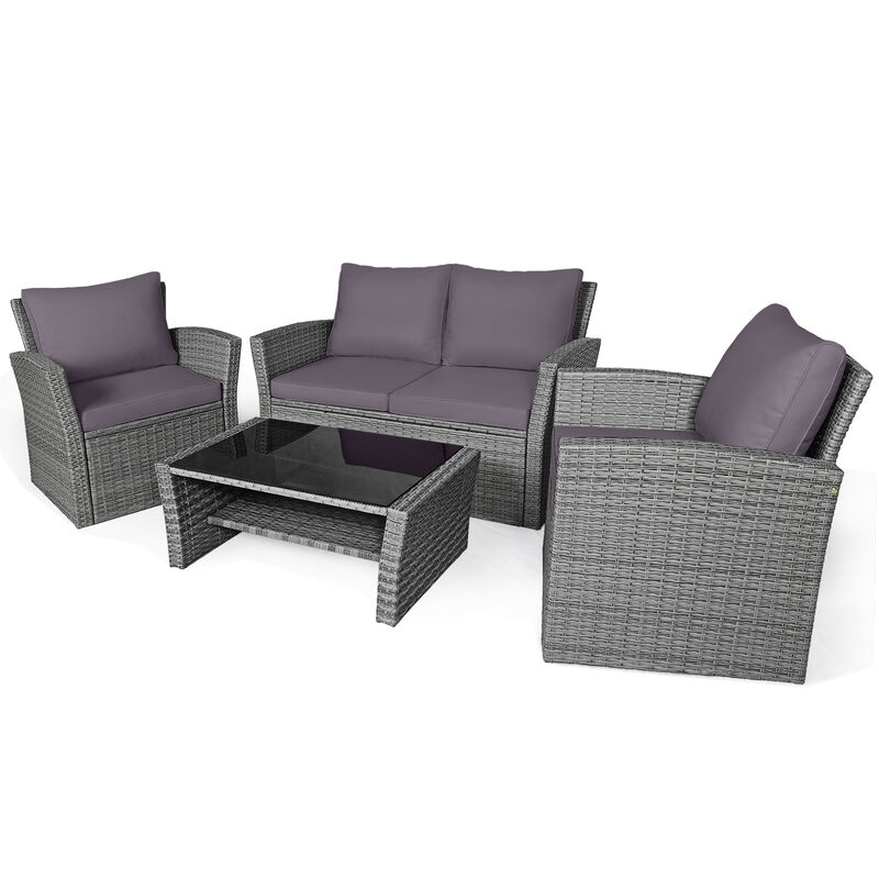 4 Pieces Patio Rattan Furniture Set Sofa Table with Storage Shelf Cushion image number 6