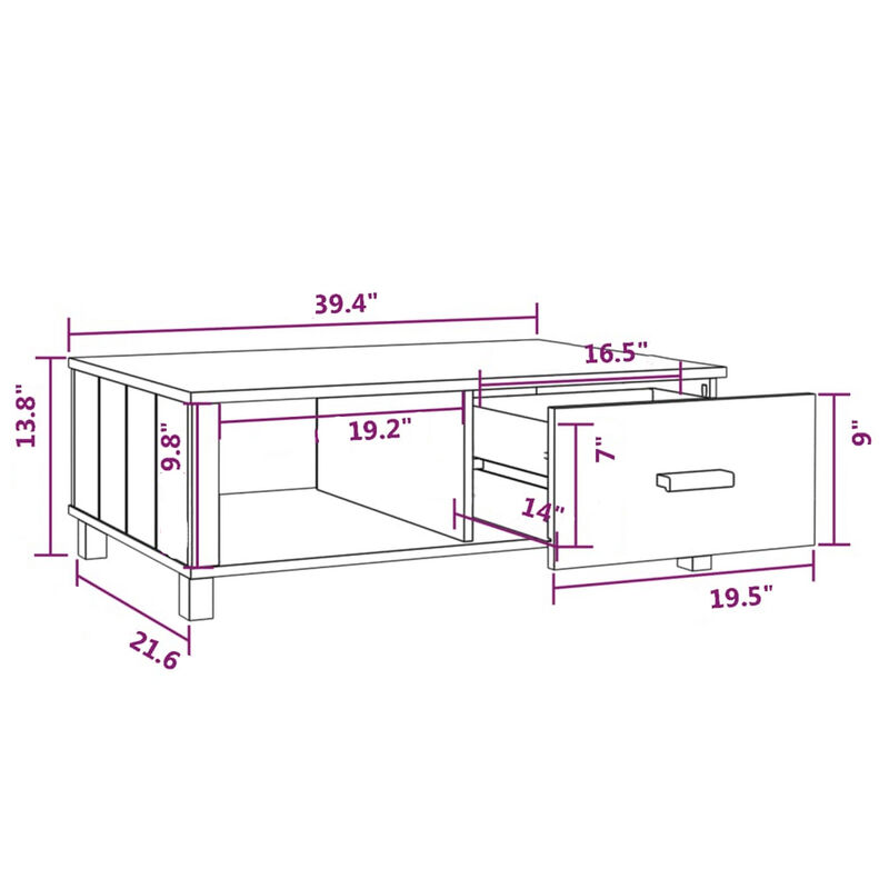 Coffee Table, 39 Inch, Rectangular Top, Solid Pine Wood, Dark Gray