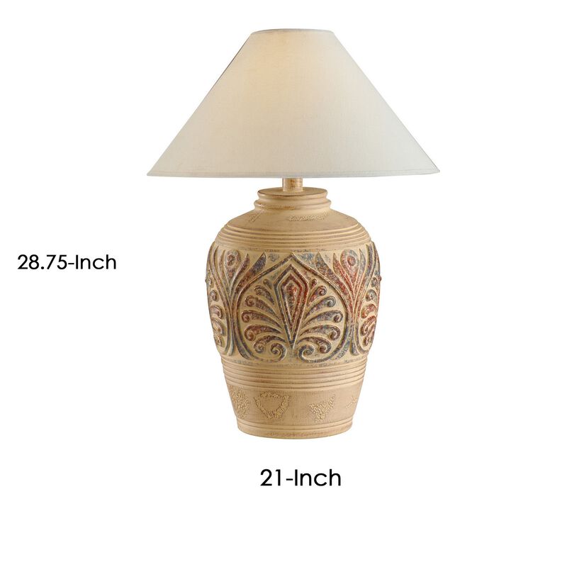 Tia 29 Inch Table Lamp, Conical Shade, Urn Shape, Damask Pattern, Beige - Benzara image number 4