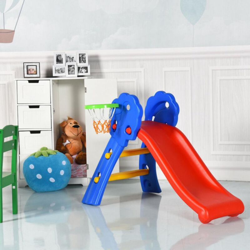 Hivvago 2 Step Indoors Kids Plastic Folding Slide with Basketball Hoop