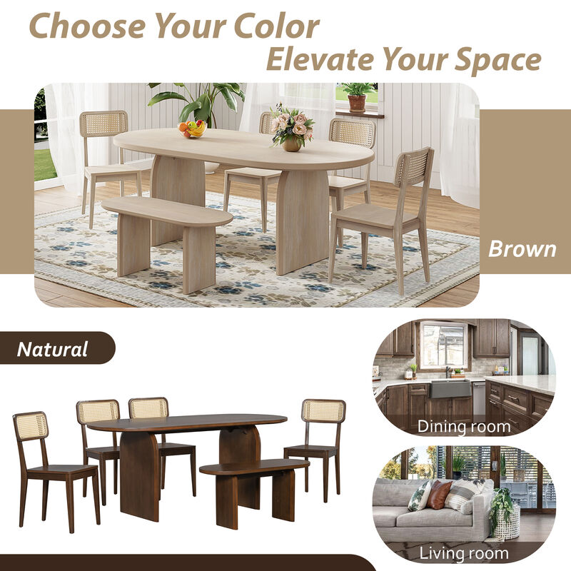 Whisen 6-Piece Oval Dining Set - Rubber Wood Table with 4 Rattan Chairs & Bench, Modern Kitchen Set for 6 - Brown