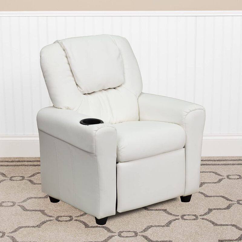 Flash Furniture Vana Vinyl Kids Recliner with Cup Holder, Headrest, and Safety Recline, Contemporary Reclining Chair for Kids, Supports up to 90 lbs., White image number 1