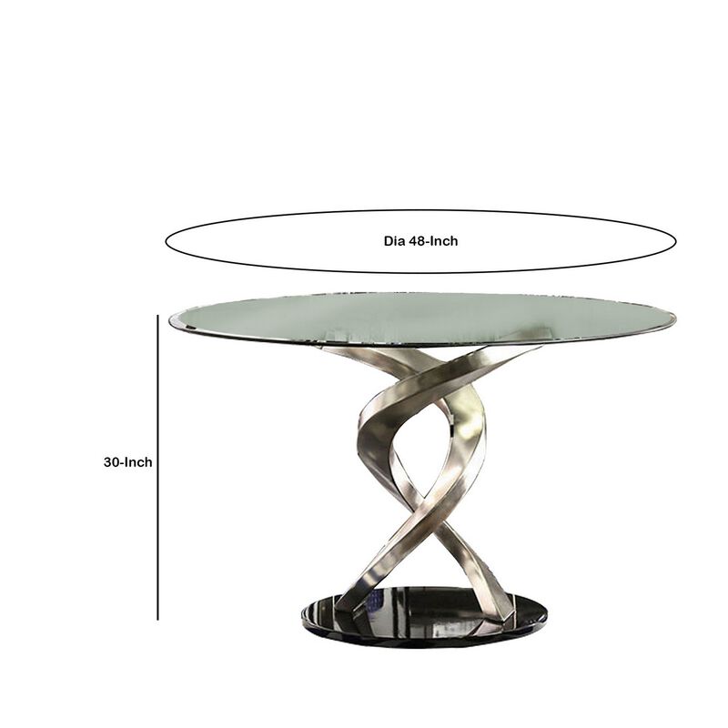 Contemporary Round Dining Table with Swirl Metal Base, Black and Silver-Benzara