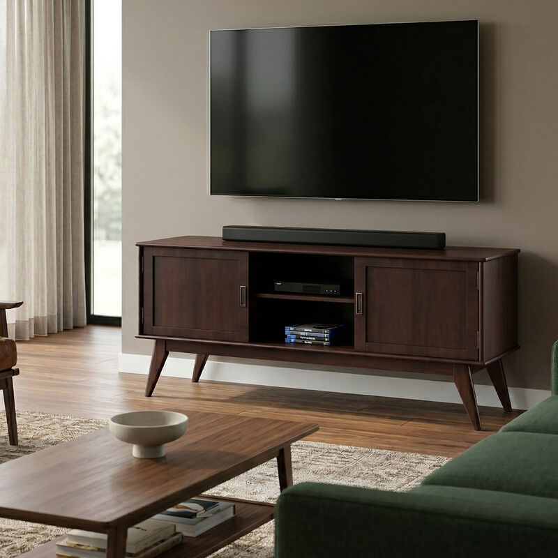 Draper SOLID HARDWOOD 60 inch Wide Mid Century Modern TV Media Stand in Medium Auburn Brown For TVs up to 65 inches image number 1