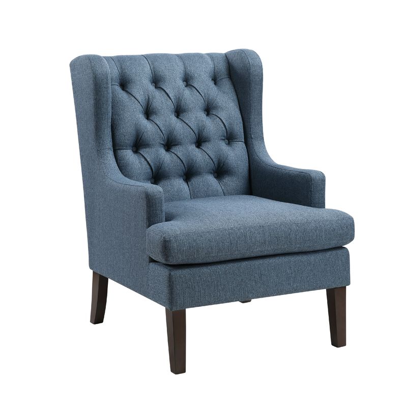 Hosanna Accent Wing Armchair, Button Tufted Blue Polyester, Brown Wood