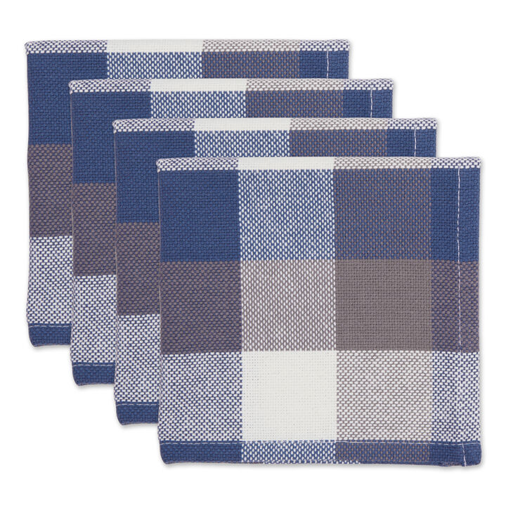 Set of 4 French Blue and White Tri Color Check Dishcloths 13"