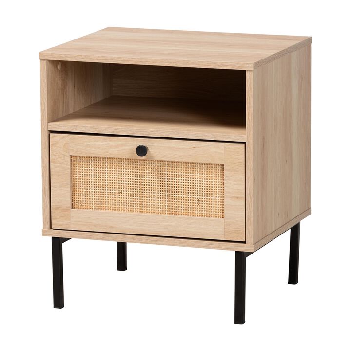 Baxton Studio Caterina Natural Brown Finished Wood and Natural Rattan 1 Door End Table