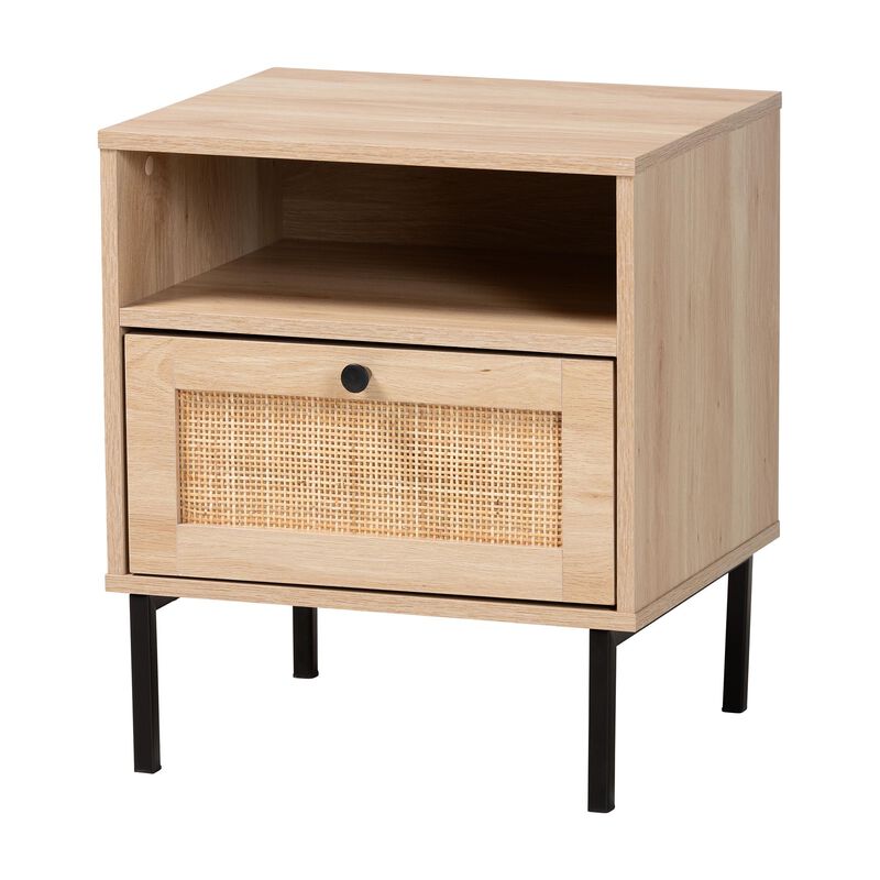 Baxton Studio Caterina Natural Brown Finished Wood and Natural Rattan 1 Door End Table image number 0