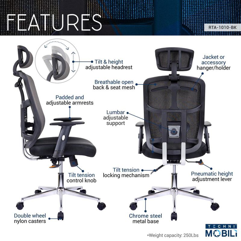 Techni Mobili High Back Executive Mesh Office Chair with Arms, Lumbar Support and Chrome Base, Black