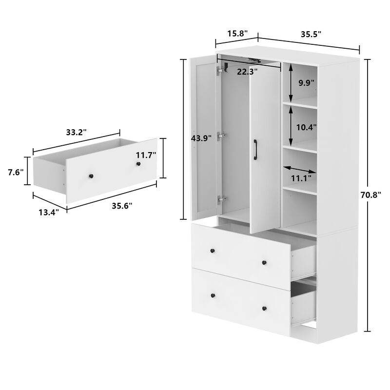 White Wood 35.5 in. W Armoires Wardrobe With Mirror, Pulling Hanging Rod, Drawers, Shelves 15.8 in. D x 70.8 in. H