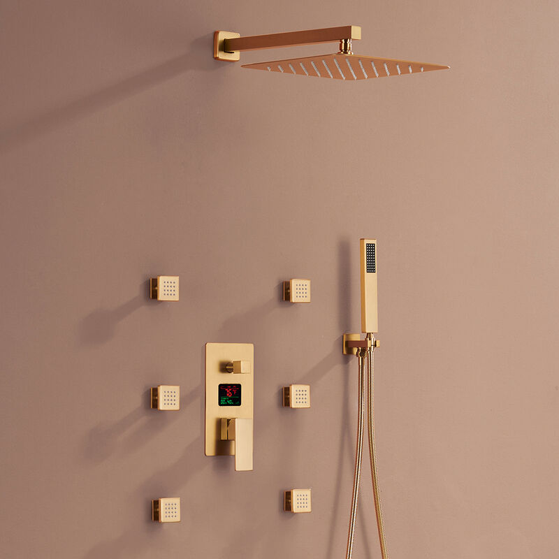 Mondawe Temperature Digital Display 3 Functions Wall Mounted Thermostatic Shower System with 6 Body Jets and Rough-in Valve in Brushed Gold