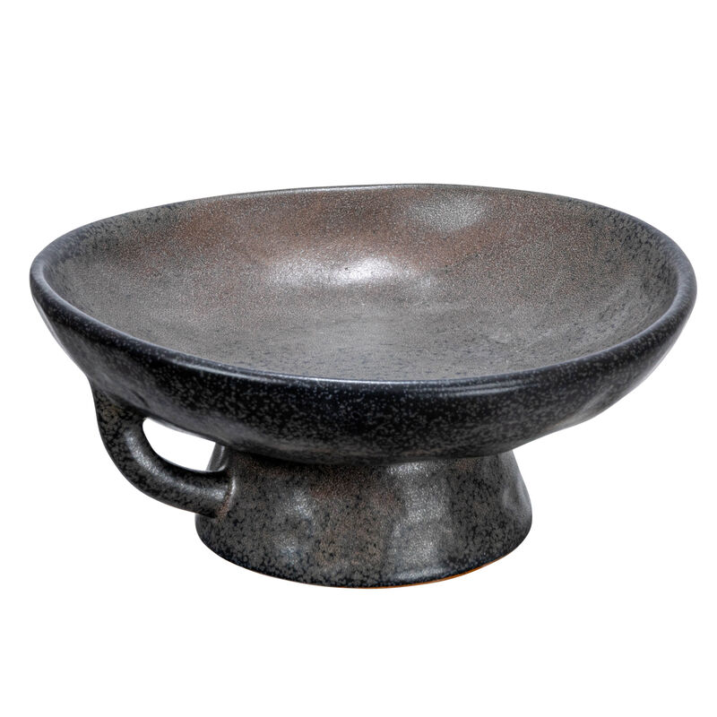 Stoneware Bowl with Handle and Base, Black Reactive Glaze image number 3
