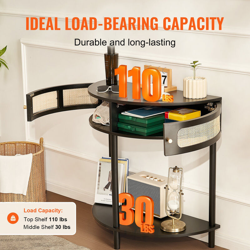 Half-Moon Rattan Console Table &ndash; Black Entryway Table with 2 Drawers & Sliding Door, Small Hallway or Living Room Storage Table