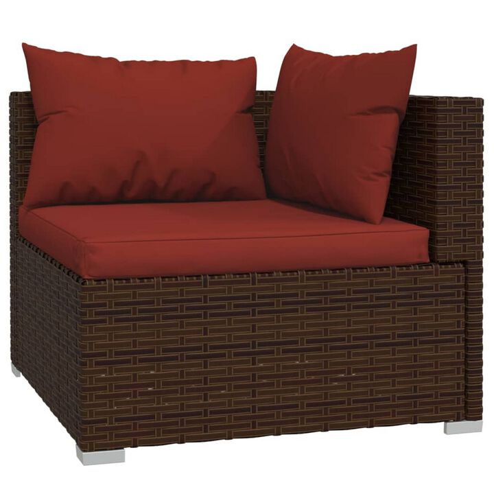 Joez 7pc Outdoor Modular Lounge Sofa Set, Footrest, Brown Rattan, Red - Benzara
