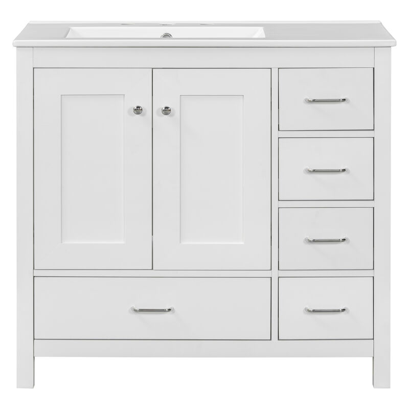 Merax Bathroom Vanity with Ceramic Sink  Freestanding Recessed  5 Drawers & 2 Soft-Close Doors Storage Cabinet Combo