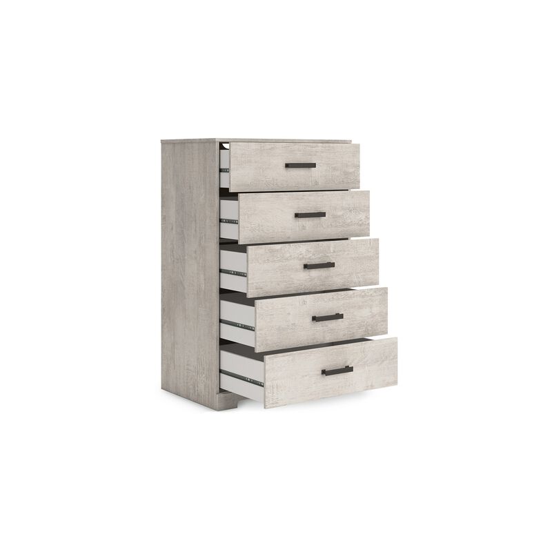 Shawn Tall Dresser Chest, 5 Drawers, Black Handles, Light Gray 46 Inch