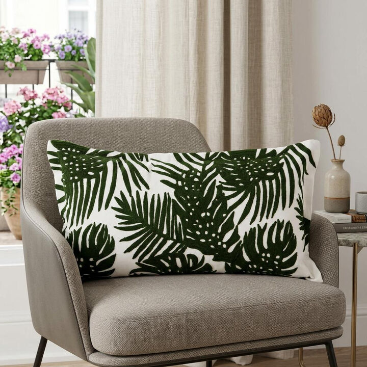 HomeRoots 13" X 21" Green And White Tropical Botanical Linen Throw Pillow Cover with Embroidery