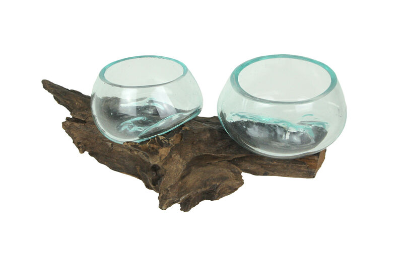 Molten Glass On Coffee Wood Root Double Decorative Bowl Vase Plant Terrarium image number 0
