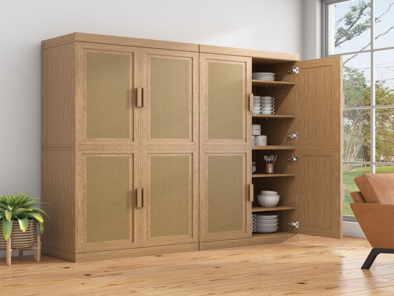 62" High Wicker Door Wood Grain Decorative Storage Cabinet with 12 Shelves