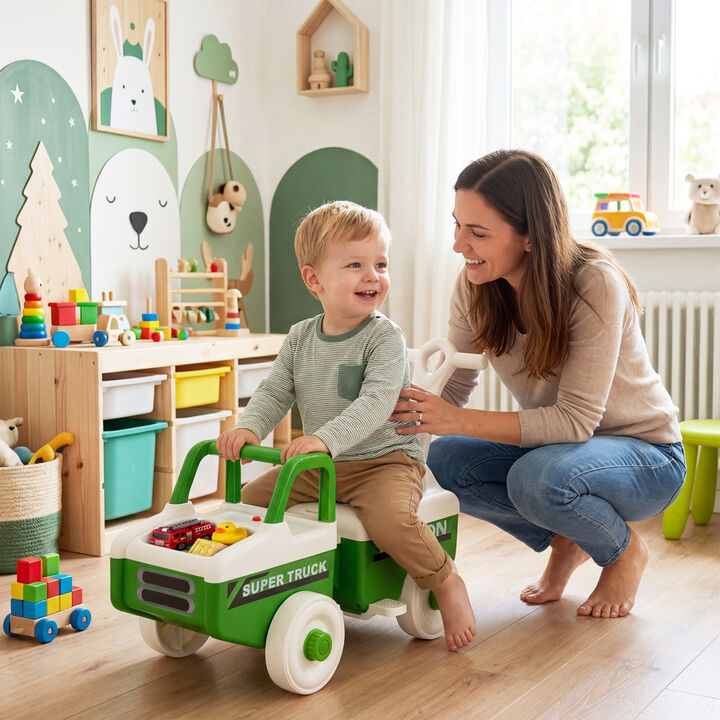 Kids 4 in 1 Push Ride On Car with Music and Storage Compartment for Outdoor Play