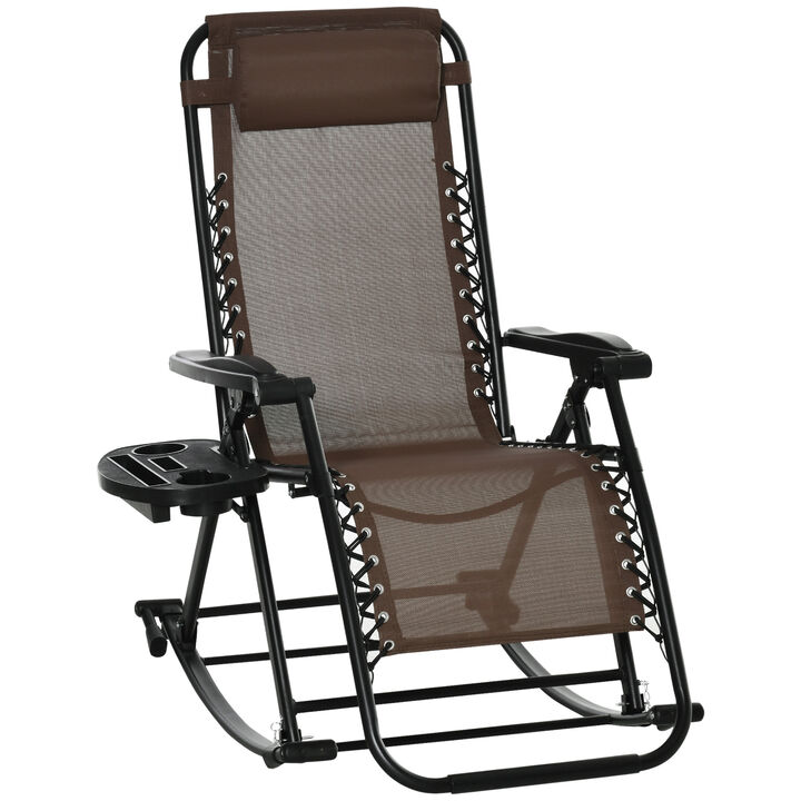 Outsunny Outdoor Rocking Chairs, Foldable Reclining Zero Gravity Lounge Rocker with Pillow, Cup & Phone Holder, Combo Design with Folding Legs, Brown
