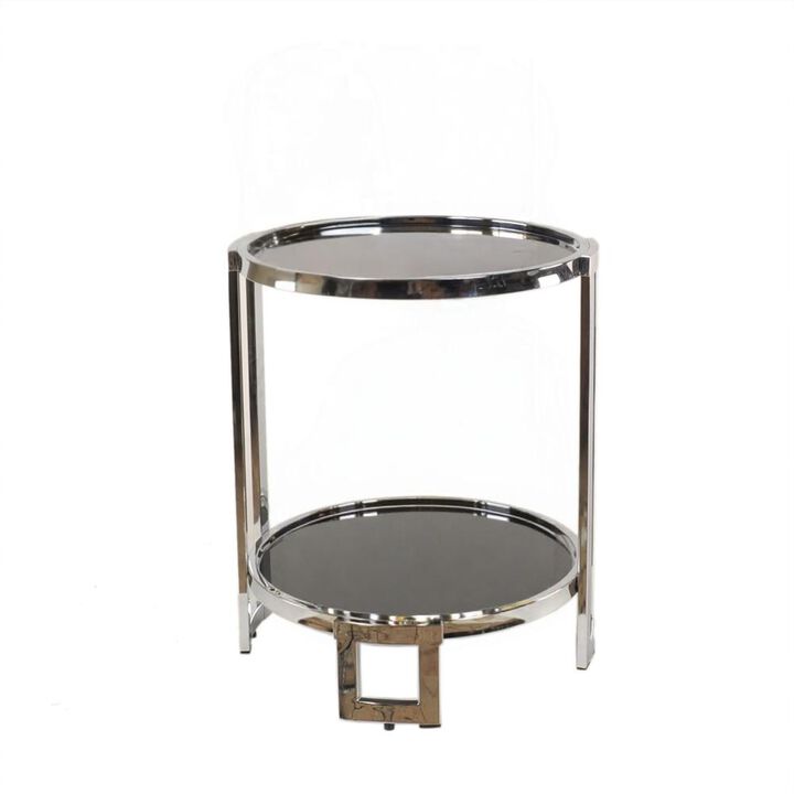 Hivvago 22 Inch  Silver Glass Round Mirrored End Table With Shelf