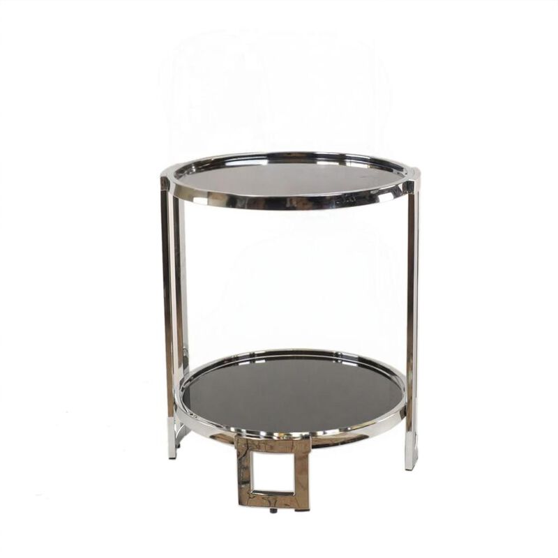 Hivvago 22 Inch  Silver Glass Round Mirrored End Table With Shelf