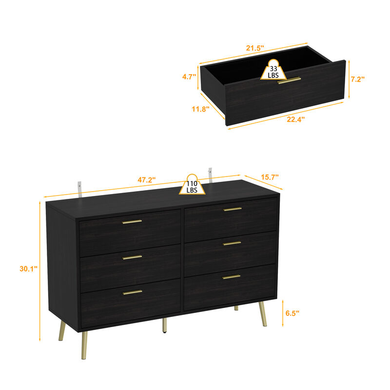47.2&rdquo; 6 Drawer Dresser, Modern 6-Drawer Chest with Gold Metal Handles, Bedroom Dresser with Gold Metal Legs, for Living Room Entryway (47.2&rdquo;W x 15.7&rdquo;D x 30.1&rdquo;H)