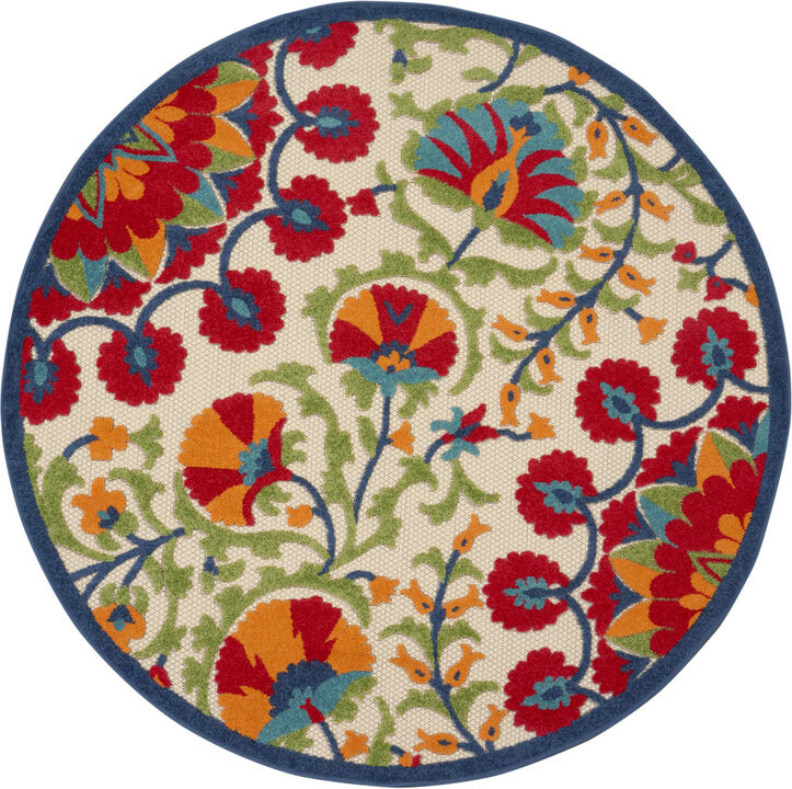HomeRoots 5' Navy Blue Beige Green Blue And Red Round Floral Indoor Outdoor Area Rug