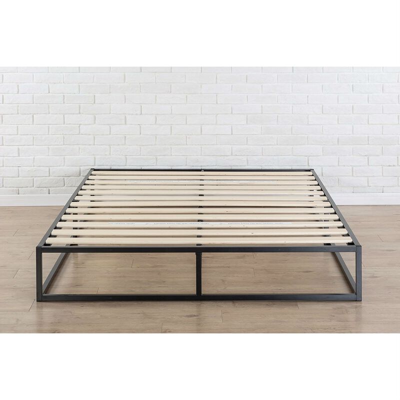 Sleek Low Profile Metal Platform Bed Frame with Wooden Slats for Stability
