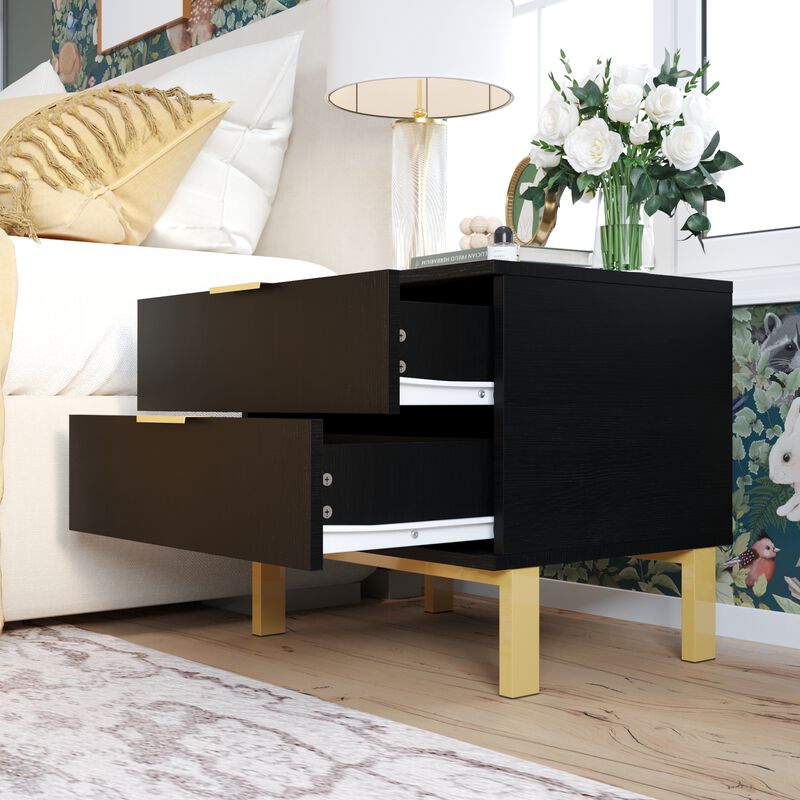 2-Drawer Black Wooden Nightstand Bedside Table With 4 Metal Legs 15.7 in. D x 19.7 in. W x 17.9 in. H