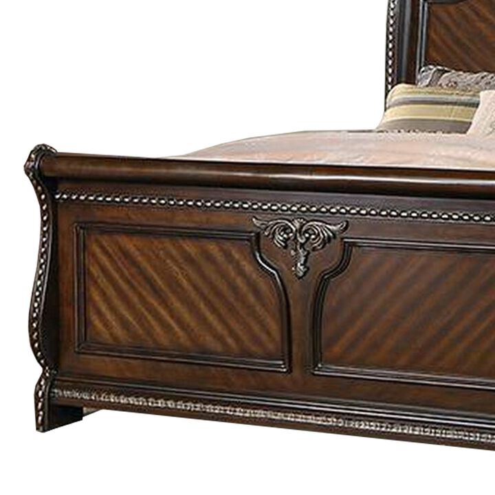 Qoz Wood Queen Size Bed with Carved Trim, Scalloped Headboard, Brown  - Benzara