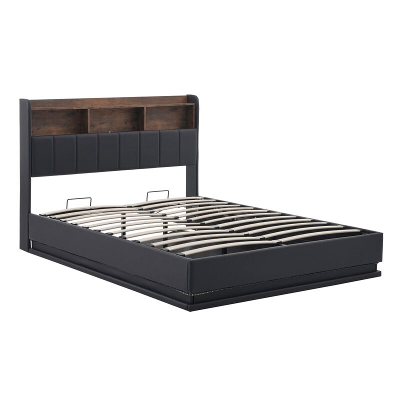 Full Size Upholstered Platform Bed with Storage Headboard and Hydraulic Storage System, PU Storage Bed with LED Lights and USB charger, Black