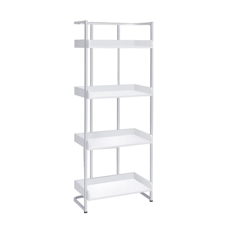 68 Inch Modern Bookcase, 4 Glossy White Tray Shelves, Chrome Steel Frame-Benzara image number 2