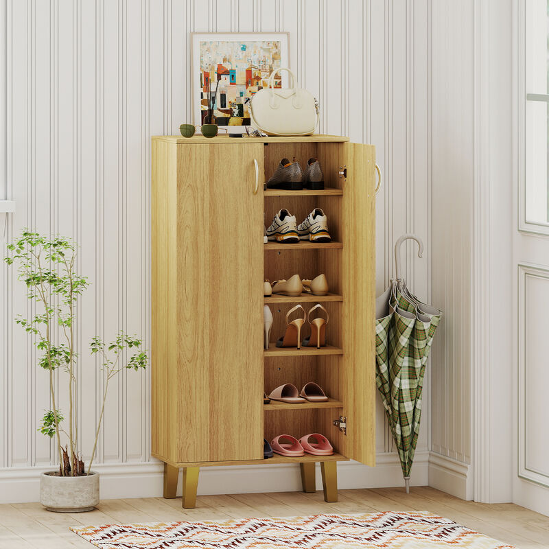 Modern 6-Tier Wooden Shoe Cabinet, Freestanding with Doors and Removable Shelves-Natural image number 7