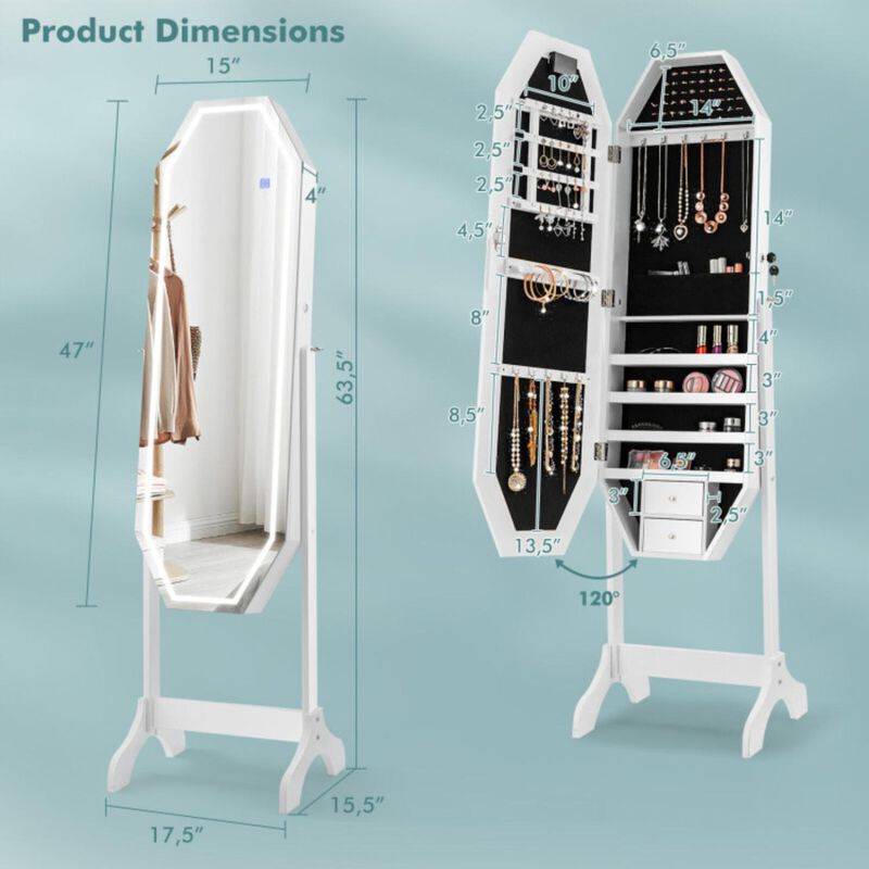 Hivvago Standing Jewelry Cabinet Armoire Organizer LED Light Mirror Lockable White