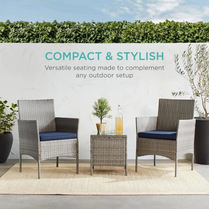 Hivvago 3-Piece Grey PE Wicker Outdoor Patio Furniture Dining Set w/ Navy Blue Cushions