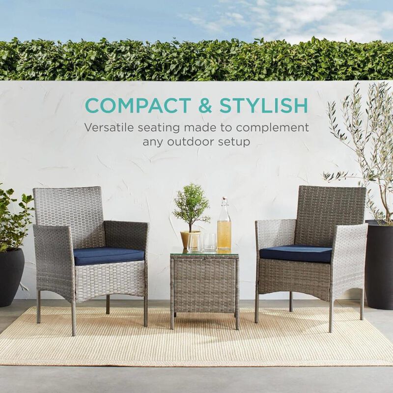Hivvago 3-Piece Grey PE Wicker Outdoor Patio Furniture Dining Set w/ Navy Blue Cushions