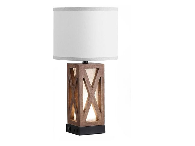 Wood Table Lamp &ndash; Vintage Farmhouse Style with USB-C, AC Outlet, Linen Shade