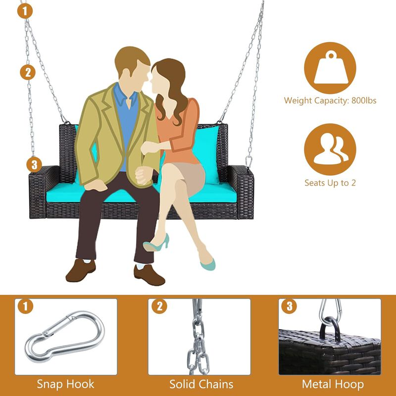 Mondawe 2-Person Wicker Hanging Porch Swing with 2 Back Cushions and 1 Seat Cushion