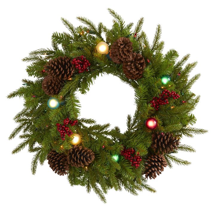Nearly Natural 24-in Christmas Artificial Wreath with 50 Multicolored Lights, 7 Multicolored Globe Bulbs, Berries and Pine Cones