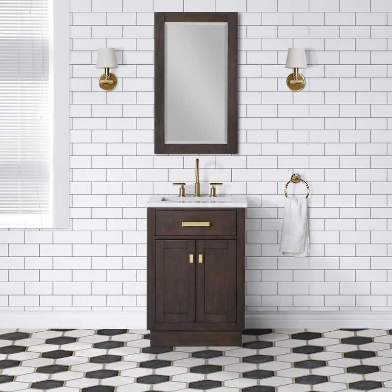 Chestnut 24 In. Single Sink Carrara White Marble Countertop Bath Vanity In Brown Oak with Satin Gold Hardware
