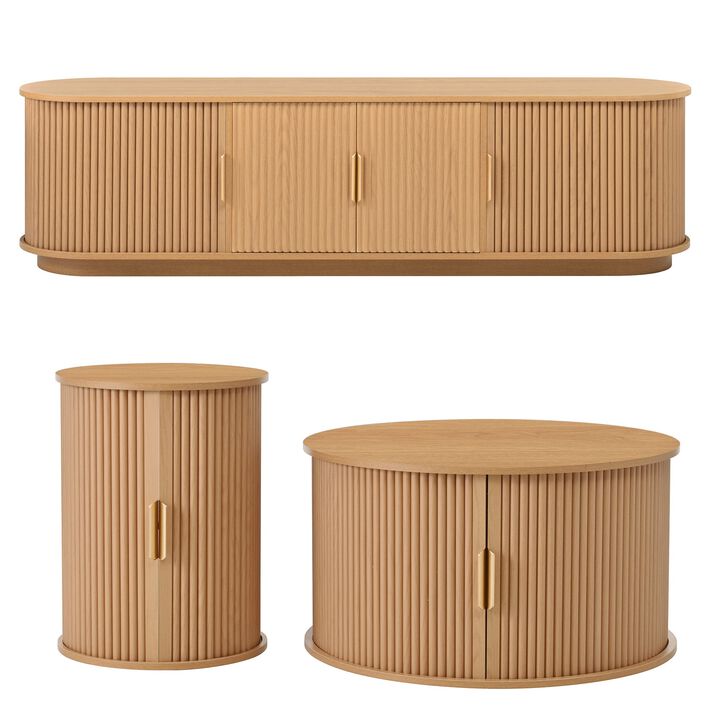 Clihome Wooden TV Stand Coffee Table Set with Fluted Sliding Door for Living Room
