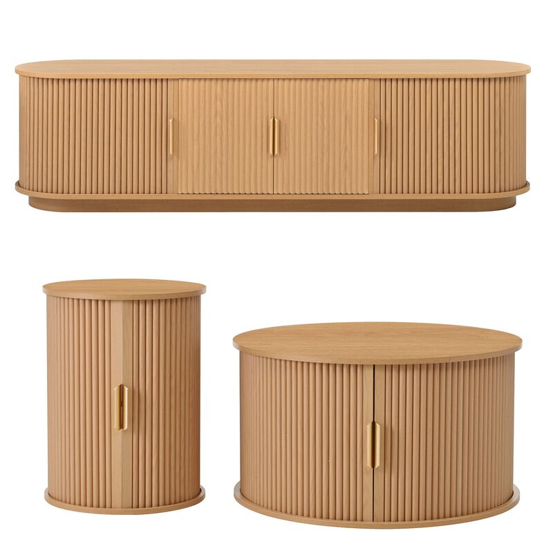 Clihome Wooden TV Stand Coffee Table Set with Fluted Sliding Door for Living Room image number 0