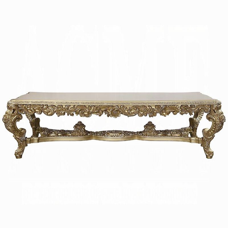 Rexx Dining Table, Classic Carved Gold Wood, 111 Inch Rectangular Top - Benzara